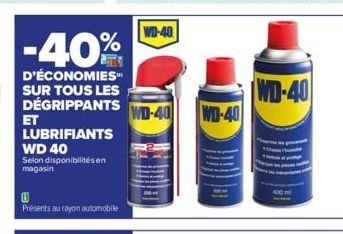 ET  LUBRIFIANTS  WD 40  Selon disponibilités en magasin  -40%  D'ÉCONOMIES SUR TOUS LES DÉGRIPPANTS  8  Présents au rayon automobile  WD-40  WD-40  WD-40  WD-40 