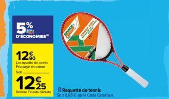 5%  D'ÉCONOMIES  12⁹  La raquette de tennis Prix payé en caisse Sot  125  Remise Fidel docto  Raquette de tennis  Soit 0,65 € sur la Carte Carrefour. 
