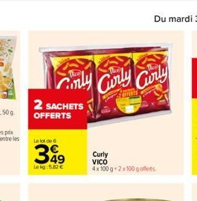 Ciirly Curly Curly  STOFFENTS  2 SACHETS  OFFERTS  Le lot de 6  349  Lokg: 5,82 €  Curly VICO  4 x 100 g + 2x100 g offers. 