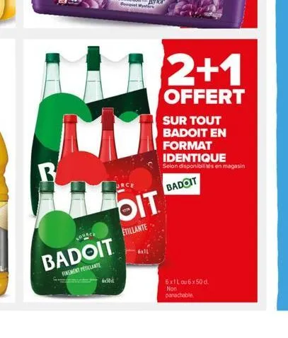 r  badoit  finement pétillante  30d  oit  etillante  2+1  offert  sur tout  badoit en  format  identique  selon disponibilités en magasin  badoit  6x1l ou 6x50d. non panachable 