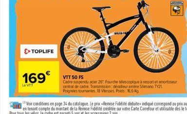 >> TOPLIFE  169€  Le VTT  al  DEE  VTT 50 FS  Cadre suspendu acier 26 Fourche télescopique à ressort et amortisseur central de cadre Transmission: déraileur arriere Shimano TY21. Poignées tournantes. 