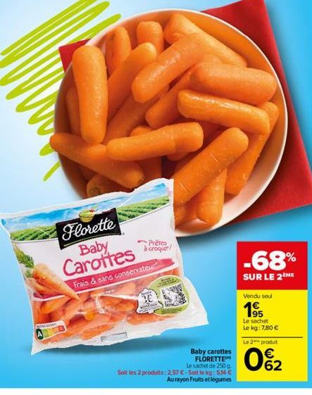 STMASCAR  Florette Baby Carottes  Frais & sans conservateur  Prêtes à croquer  WIZ  Baby carottes FLORETTE  Le sachet de 250 g.  Soit les 2 produits: 2.57 €. Soit le kg: 5.14 € Au rayon Fruits et légu