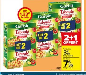 SOIT  1,23€  La boite  Garbit Taboulé  aux tomates fraiches  LOT 2  Taboulé  aux tomates fraiches  34  Garbit  Taboulé  aux tomates fraiches  LOT 2  DE  Taboulé  aux tomates fraiches  34  34  Garbit  