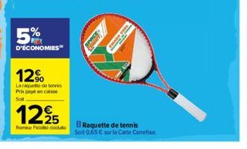 5%  D'ÉCONOMIES  12⁹  La raquette de tennis Prix payé en caisse Sot  125  Remise Fidel docto  Raquette de tennis  Soit 0,65 € sur la Carte Carrefour. 