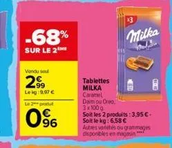 -68%  sur le 2 me  vendu sou  2.99  le kg: 9,97 €  le 2 produit  0%  tablettes  milka  caramel  x3  milka  daim ou oreo,  3x100 g soit les 2 produits: 3,95 €.  soit le kg: 6,58 €  autres varetes ou gr