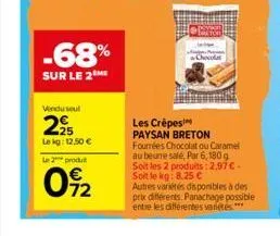 -68%  sur le 2 me  vindu seul  225  lekg: 12,50 €  le 2 produ  0%22  chocolat  les crépes paysan breton fourrées chocolat ou caramel au beurre salé, par 6,180 g soit les 2 produits: 2,97€. soit le kg: