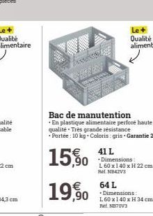 15,90  Bac de manutention  .En plastique alimentaire perforé haute qualité. Très grande résistance  • Portée : 10 kg. Coloris: gris. Garantie 2 ans  41 L ,90 Dimensions:  19,90  L 60 x 140 x H 22 cm R