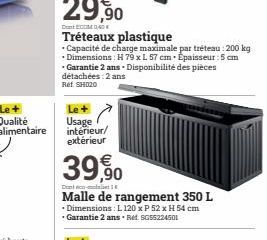 Qualité alimentaire  Capacité de charge maximale par tréteau : 200 kg • Dimensions: H 79 x L 57 cm. Épaisseur : 5 cm  . Garantie 2 ans Disponibilité des pièces détachées : 2 ans  Ref. SH020  Usage int