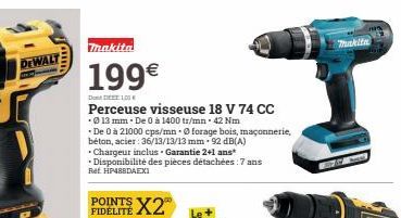 DEWALT  makita  199€  DDF101  Perceuse visseuse 18 V 74 CC  • Ø 13 mm - De 0 à 1400 tr/mn 42 Nm  *De 0 à 21000 cps/mn  béton, acier: 36/13/13/13 mm 92 dB(A)  • Chargeur inclus. Garantie 2+1 ans* Dispo