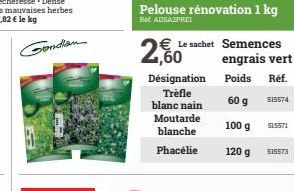 2,60⁰  Désignation Trèfle blanc nain  € Le sachet Semences  engrais vert  Poids Réf.  60 g  515574  100 g  120 g  Moutarde  blanche  Phacelie  515571  515573 