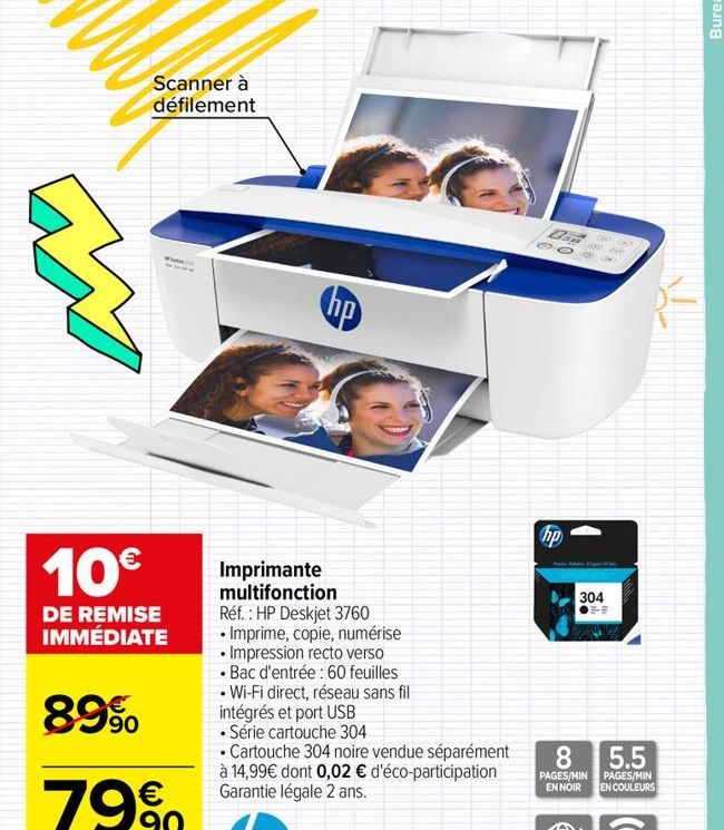 Scanner à défilement  hp  Imprimante multifonction Réf. : HP Deskjet 3760 • Imprime, copie, numérise • Impression recto verso  • Bac d'entrée : 60 feuilles • Wi-Fi direct, réseau sans fil intégrés et 