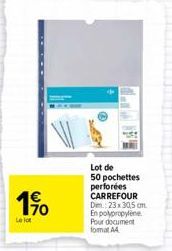 1900  Le lot  Lot de 50 pochettes perforées CARREFOUR Dim.: 23x30,5 cm. En polypropylene Pour document format A4 