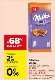 -68%  sur le 2  vendu se  299  le kg: 9,97 €  le 2  produt  096  x3  milka  kal  tablettes milka  caramel daim ou orea 3x100 g  soit les 2 produits: 3,95 €-soit le kg:6.58€  autres variétés ou grammag