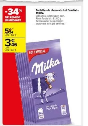 -34%  de remise immediate  5%  le kg: 873 €  396  lekt le kg 577€  tablettes de chocolat << lot familial >> milka lot familial au lait du pays alpin riz ou endre lait, 6x100 g autres variétés ou gamma