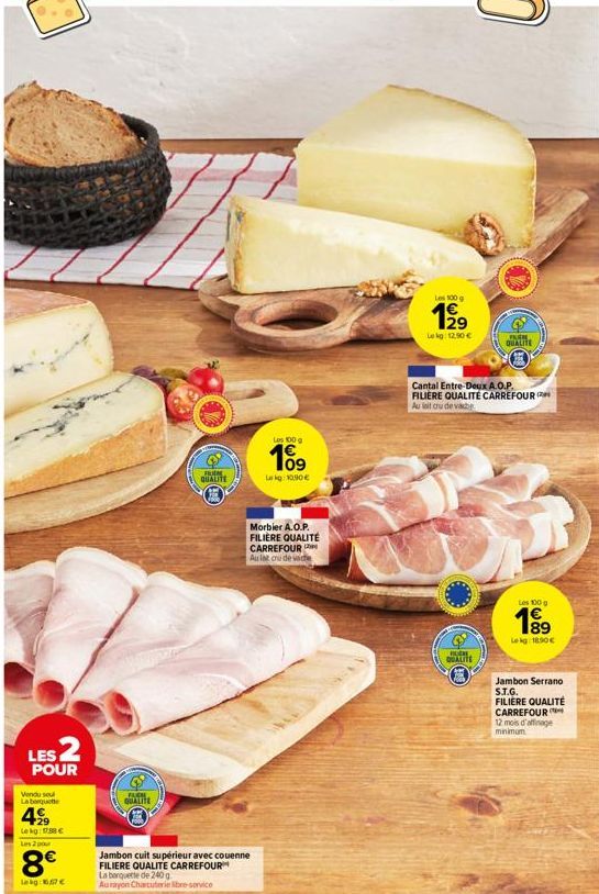 LES 2  POUR  Vendu sou La arquite  49 Lekg: 178 € Les 2 pour  8€  Lekg: 16.67 €  QUALITE  QUALITE  Jambon cuit supérieur avec couenne FILIERE QUALITE CARREFOUR  La banquette de 240g  Aurayon Charcuter