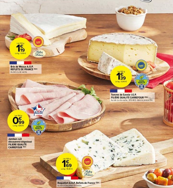 Les 100 g  1€  Le kg: 11,90 €  Brie de Meaux A.O.P. REFLETS DE FRANCE Au lait cru de vache  Les 100 g  099  Le kg: 9,90 €  Jambon cuit découenné dégraissé FILIERE QUALITE CARREFOUR (  Reflets France  