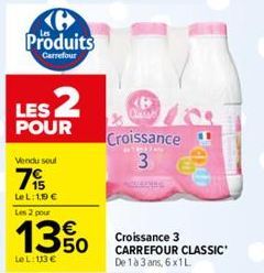 Produits  Carrefour  LES 2  POUR  Vendu soul  79  Le L: 1,90 € Les 2 pour  13.50  €  Le L: 113 €  Croissance 3  Croissance 3 CARREFOUR CLASSIC  De 1 à 3 ans, 6x1L 