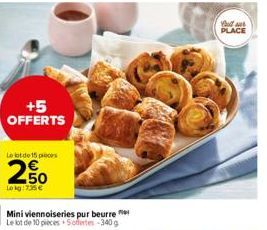 +5 OFFERTS  Le lot de 15 proces  250  Lokg: 7.35€  Mini viennoiseries pur beurre Le lot de 10 pièces 5offertes-340 g  Youll PLACE 