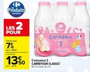 Produits  Carrefour  LES POUR  Vendu seul  7%  Le L: 119 € Les 2 pour  13%  LeL: 18€  M  Ke Classe  Croissance 3 CARREFOUR CLASSIC  De 1 à 3 ans, 6x 1L  Croissance  3 