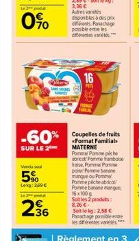 Le 2 podl  0%  Vendu soul  5%  Lekg: 3,69 €  Le 2 podu  36  Matern SANS SUCRES  16  PITS  -60% Coupelles de fruits  <<Format Familial MATERNE  SUR LE 2  FORMAT TRAILAL  Pomme Pomme péche abricot/ Pomm