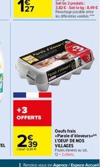 +3  OFFERTS  299  39  L'oeut:0.30 €  Parois demarss  Parole dare  Oeufs frais <Parole d'éleveurs L'OEUF DE NOS VILLAGES Poules élevées au sol, 12.3offerts 