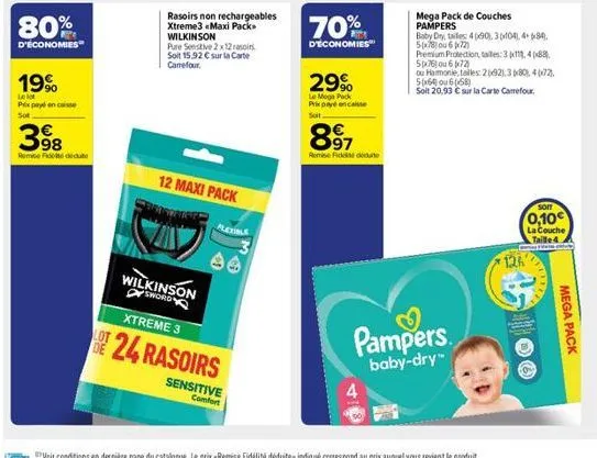 80%  d'économies  19%  le lot prix payé en caisse sot  398  remise fedeute  rasoirs non rechargeables xtreme3 «maxi pack wilkinson  pure sensitive 2x12 rasoirs soit 15,92 € sur la carte carrefour.  12