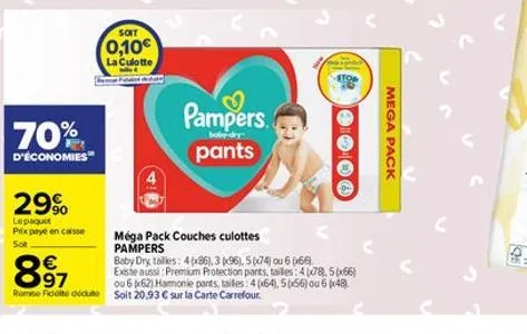 70%  d'économies  897  €  29%  lepaquet prix payé en caisse  sot  soit  0,10€  la culotte,  pampers pants  boby-dry  rome fidelt dédute soit 20,93 € sur la carte carrefour.  mega pack couches culottes