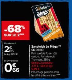 -68%  SUR LE 2 HE  Vendu seul  205  Le kg:8.91€  L2produ  66  Sodebo  Mega  SADOS  POULET ROTI CEUF  Sandwich Le Méga SODEBO Pain suédois Pouletroti oeuf, ou Pain viennois  Thon oeuf, 230 g Soit les 2