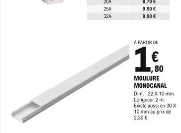 à partir de  1.60  ,80  moulure monocanal  dim.: 22 x 10 mm.  longueur 2 m.  existe aussi en 30 x  10 mm au prix de 2,30 €. 