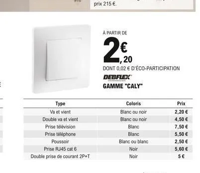 type  va et vient  double va et vient  prise télévision  prise téléphone  poussoir  prise rj45 cat 6  double prise de courant 2p+t  à partir de  2€  1,20  dont 0,02 € d'éco-participation  debflex  gam