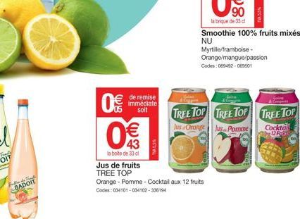 Bulles de Fiets BADOIT  0%  € 43  la boite de 33 cl  de remise immédiate soit  Jus de fruits  TREE TOP  Orange - Pomme - Cocktail aux 12 fruits Codes: 034101-034102-336194  Myrtille/framboise - Orange