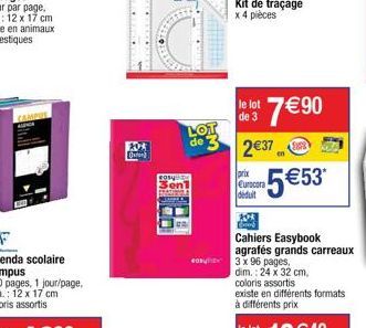 CAMPRE  easyste  3en1  STAURAN  le lot de 3  LOT de 3 2€37  7€ 90  prix Eurocora déduit  5€53*  Cahiers Easybook agrafés grands carreaux  3 x 96 pages,  dim.: 24 x 32 cm,  coloris assortis existe en d