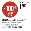 -100% 100  sur  5€  soit par 5 l'unité  ba nem crabe crevette ou nem porc ou nem poulet  65g + sauce nuoc man  le kg: 19€23-l'unité: 1c25 