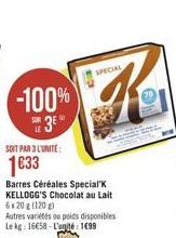 SOIT PAR 3 L'UNITE:  1633  -100%  3⁰  Barres Céréales Special K KELLOGG'S Chocolat au lait 6x20g (120)  Autres variétés ou poids disponibles Le kg: 16€58-L'ané: 199  SPECIAL  K 