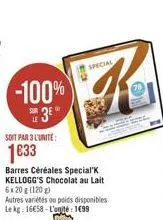 soit par 3 l'unite:  1633  -100%  3⁰  barres céréales special k kellogg's chocolat au lait 6x20g (120)  autres variétés ou poids disponibles le kg: 16€58-l'ané: 199  special  k 