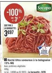 -100%  3e  soit par 3 la barquette:  3€97  haché ultra savoureux à la bolognaise  15% mg  avec protéines végétales  socopa  400g  le kg: 14€88 ou x3 9693-la barquette: 5495  viande dovine française 