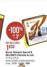 SOIT PAR 3 L'UNITE:  1633  -100%  3⁰  Barres Céréales Special K KELLOGG'S Chocolat au lait 6x20g (120)  Autres variétés ou poids disponibles Le kg: 16€58-L'ané: 199 