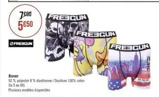 7800 5050  frescun  freegun  boxer  92% polyester 8% elasthanne/doublure 100% coton  du s au xxl  plusieurs modeles disponibles  freecun  freegun 