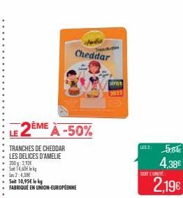 LE 2ÈME  TRANCHES DE CHEDDAR LES DELICES D'AMELIE 200g: 2,92€ S4,60€  ÈME À -50%  2:438  Soit 10,95€ le kg  FABRIQUÉ EN UNION-EUROPÉENNE  Cheddar  SAVIVE  LES 25,84€  4,38€  SOIT L'UNITÉ  2,19€ 