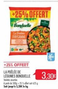 +25% OFFERT  LA POÊLÉE DE LÉGUMES BONDUELLE  +25%OFFERT  Bonduelle  la Pocke PAYSANNE  Variétés assorties  A partir de 500g +25% offertsoit 625 g Soit jusqu'à 5,28€ le kg  3,30€ 