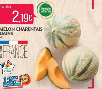 LA PIÈCE  FRUITS LEGUMES DE FRANCE  FIXEEZ offert  4th pendaf  2.19€  MELON CHARENTAIS JAUNE  Coti  FRANCE  Demain Terre 