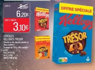 les 2: 8,86€  offre speciale  6,20€ kellog  soit l'unité:  3,10€  céréales kellogg's tresor  chocolat au lait, chocolat noisette ou choco-roulette  le paquet de 750 g coffre spéciale  4.43€  soit 5,91