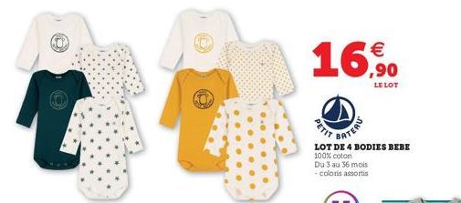 1  PETIT  BATERU  €  LE LOT  LOT DE 4 BODIES BEBE  100% coton  Du 3 au 36 mois -coloris assortis 