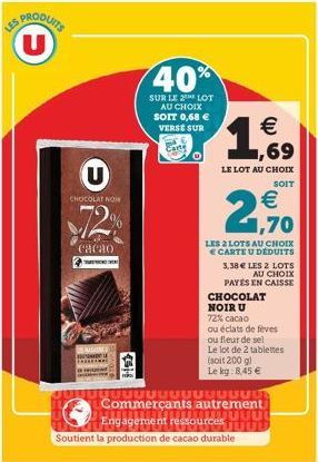 CHOCOLAT NOW  72%  cacao  40%  SUR LE 2 LOT AU CHOIX SOIT 0,68 € VERSE SUR  TÜÜÜÜÜÜÜÜ Commerçants autrement  Engagement ressources UUU Soutient la production de cacao durable  JUUL  € 1,69  LE LOT AU 