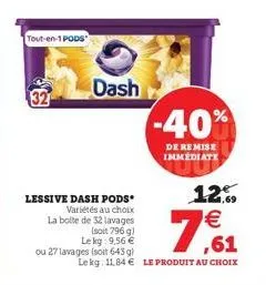 32  tout-en-1 pods  dash  lessive dash pods* variétés au choix  la boite de 32 lavages  (soit 796 g) lekg: 9,56 €  ou 27 lavages (soit 643 g)  -40%  de remise immediate  12%  € ,61  lekg 11.84€ le pro