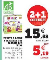 AB  AGRICULTURE BIOLOGIQUE  HiPP  FRUITS A BOIRE 3 VARIETES DES  12 MOIS BIO HIPP  Le pack de 8 gourdes  (soit 960 g) Vendu seul 7,79 €  Le kg: 8,11 € Le kg des 3:5,41 €  2+1  OFFERT  15€  ,58  LES 3 