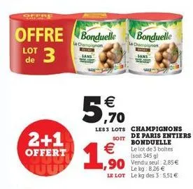 offre  offre bonduelle 3  la champignon  lot de  2+1  offert  € ,70  les 3 lots  champignons de paris entiers bonduelle  soit  €le lot de 3 boltes  1,⁹00  (soit 345 g)  ,90 vendu seul 2,85 €  le kg: 8