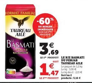 FORMAT FAMILIAL  TAUREAU AILE  BASMATI  PENJAB  PURE ORIGINE  -60%  DE REMISE IMMEDIATE SUR LE 2 PRODUIT  3,69  €  SOIT  €  1,47  LE 1 PRODUIT LE RIZ BASMATI  DU PENJAB  TAUREAU AILE  Le paquet de 1,2