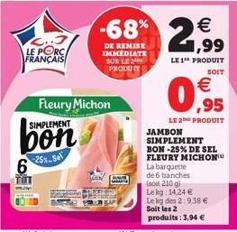 2.3 LE PORC FRANÇAIS  SIMPLEMENT  bon  25% Sel 6  Fleury Michon  -68% 2,99  DE REMISE IMMEDIATE SUR LE 2 PRODUIT  LE1¹ PRODUIT  SOIT  €  ,95  LE 2 PRODUIT  JAMBON SIMPLEMENT BON-25% DE SEL FLEURY MICH