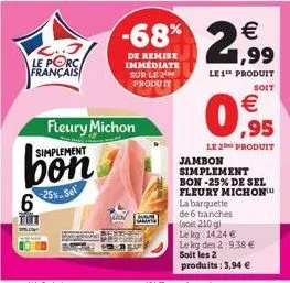 2.3 le porc français  simplement  bon  25% sel 6  fleury michon  -68% 2,99  de remise immediate sur le 2 produit  le1¹ produit  soit  €  ,95  le 2 produit  jambon simplement bon-25% de sel fleury mich